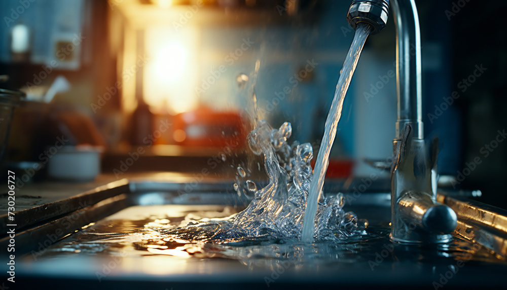Recreation of kitchen faucet expelling water in sink Recreation of kitchen faucet expelling water in sink