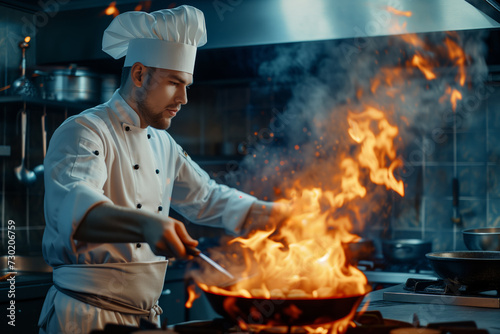 The cook cooks food in the kitchen in a large skillet with a fire in it