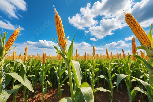 Close-Up Capture of a Corn Field, Dancing Beneath a Vivid Blue Sky - Nature's Tapestry Unfolds in This Stunning Shot.