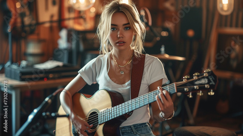 A young female model with pixie cut blonde hair and blue eyes, wearing a white t-shirt and jeans, playing a guitar in a music studio. 