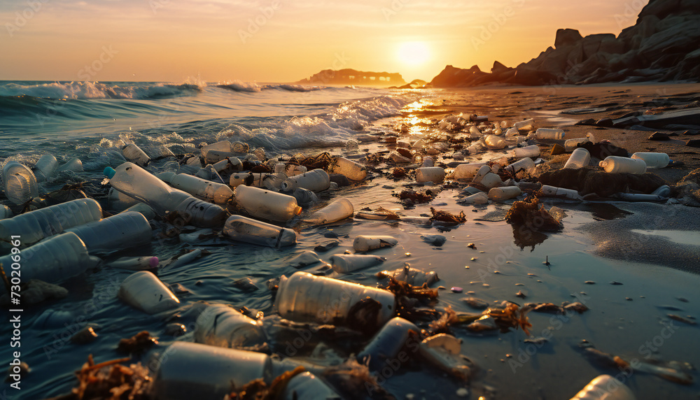 Recreation of a beach full of waste and garbages at sunset - obrazy, fototapety, plakaty 