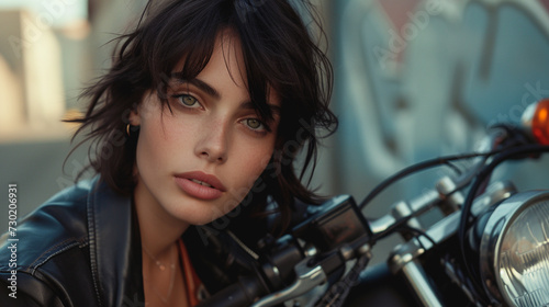 A young female model with short black hair and brown eyes, wearing a leather jacket and jeans, posing with a motorcycle in an urban street. 