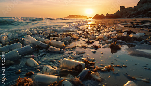 Recreation of a beach full of waste and garbages at sunset photo