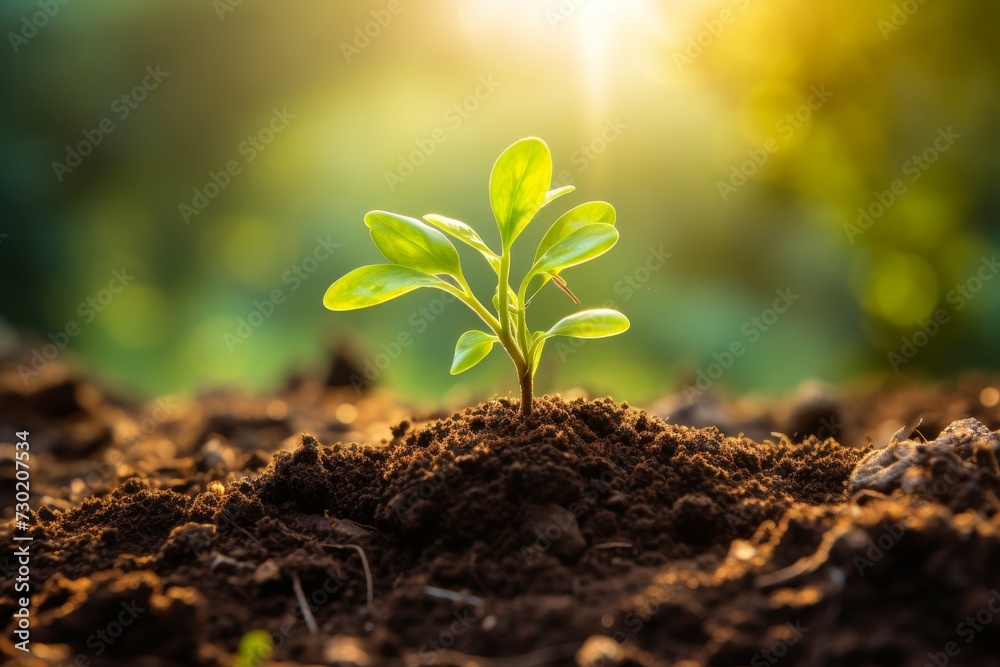 Young green plant growing at sunlight in the garden. World Earth Day banner. Save world concept. Young green plant growing at sunlight in the garden. World Earth Day banner. Save world concept.
