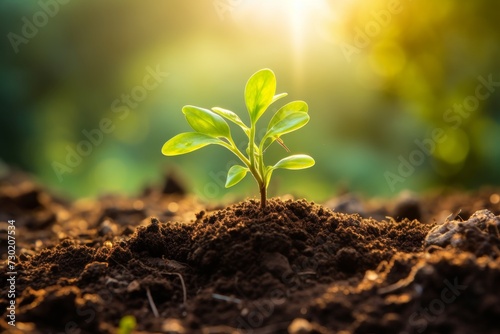 Young green plant growing at sunlight in the garden. World Earth Day banner. Save world concept. #730207534