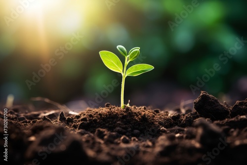 Young green plant growing at sunlight in the garden. World Earth Day banner. Save world concept. #730207700