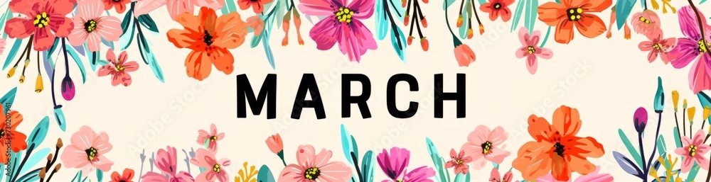 the word MARCH is lettered with colorful flowers Generative AI