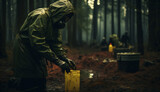 Recreation of people with gloves, protective clothing and gas mask, in a forest

