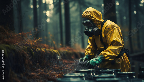 Recreation of a person with gloves, protective clothing and gas mask, in a forest taking samples