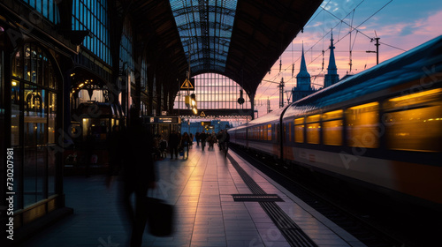 Railway station platform at night and sunset