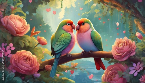 Two cute parrots sitting on branch. Colorful birds. Floral background.