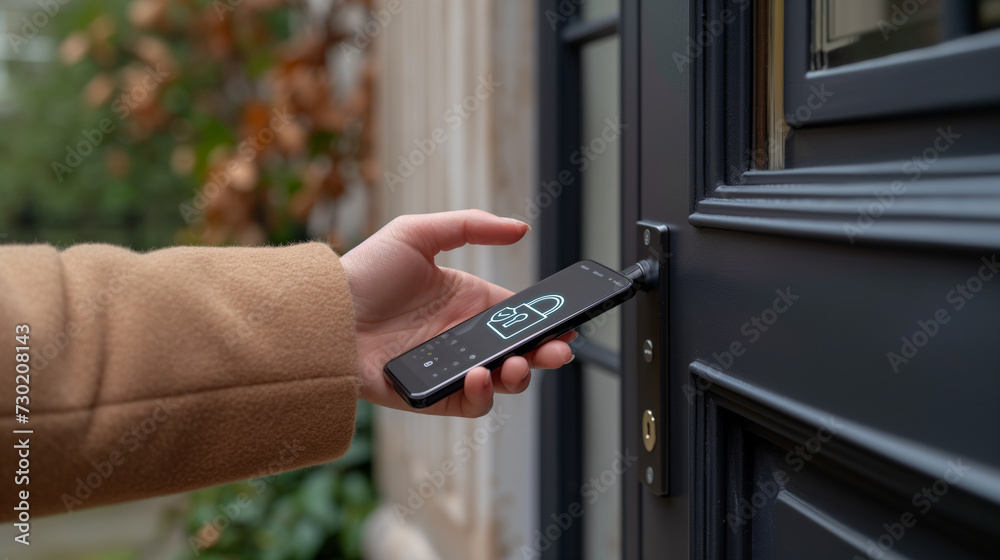 Naklejka premium Hand with phone opens front door, smart door lock concept, smart home remote room opening NFS