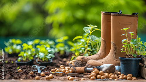Garden boots, sprouts, shovels on a green blurred background photo