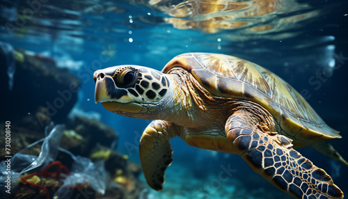Recreation of a turtle underwater between garbage © bmicrostock