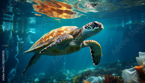 Recreation of a turtle underwater between plastic waste and garbage