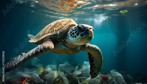 Recreation of a turtle underwater between garbage and plastic waste