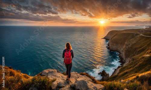 Girl with backpack standing atop a cliff overlooking a vast ocean captured © karandaev