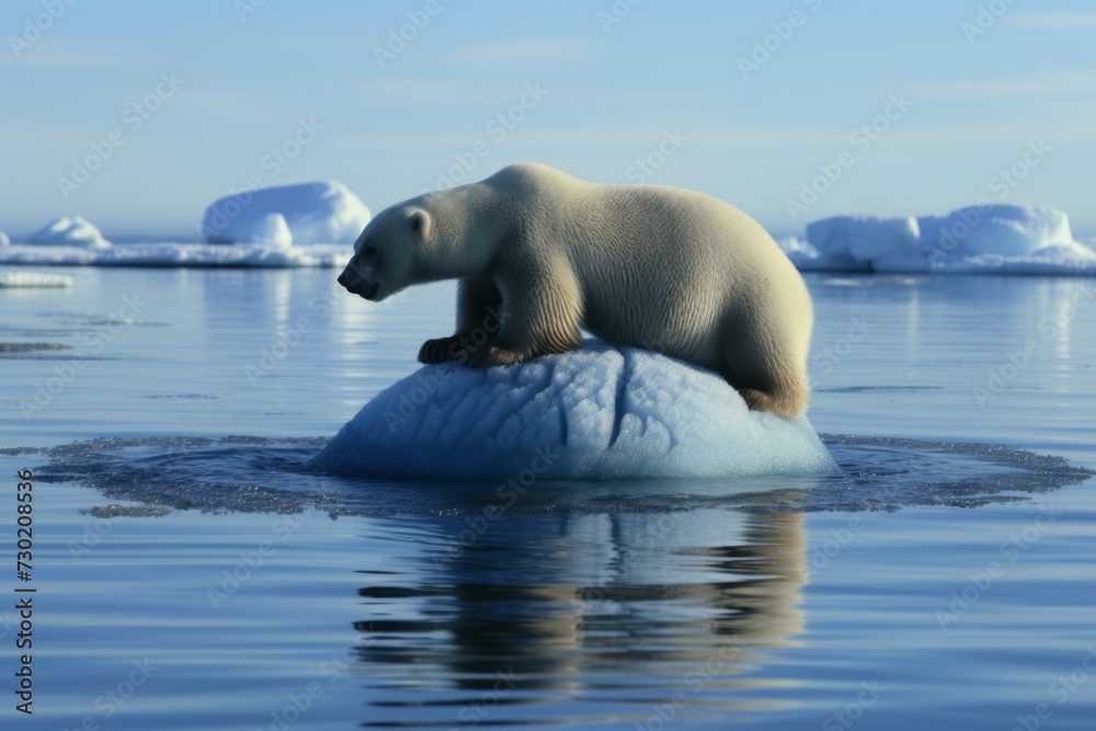 Polar bear on an ice floe in the middle of the water,4,5 Ice-covered Arctic, cinematic shot, ultra-realism, morning light,5,5