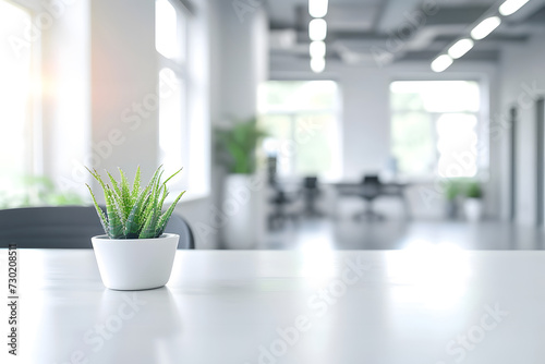 Well-lit open-space office after renovation with houseplant. Gleaming surfaces and seamless blend of modern design in office building photo