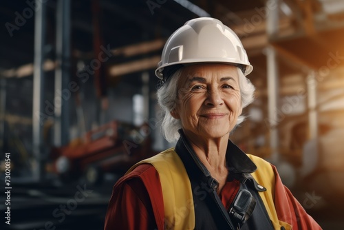 Portrait of a positive female construction worker in a protective helmet on a construction site. 