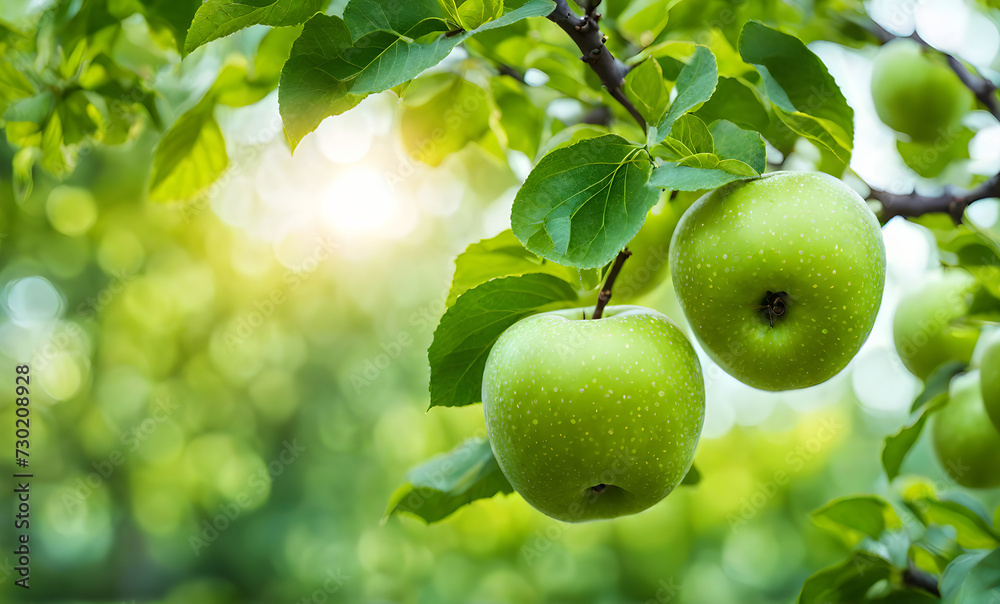 Green apple-laden tree focal point, lush garden Green apple-laden tree focal point, lush garden