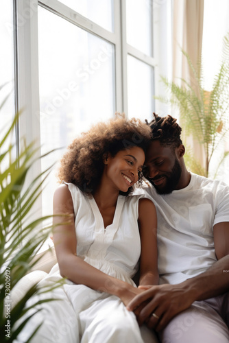 A comfortable and affectionate black couple embracing at home, radiating happiness and togetherness indoors.