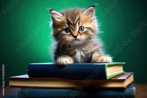 A cute and intelligent baby kitten with a grey coat, surrounded by books, in a charming portrait of curiosity and learning.