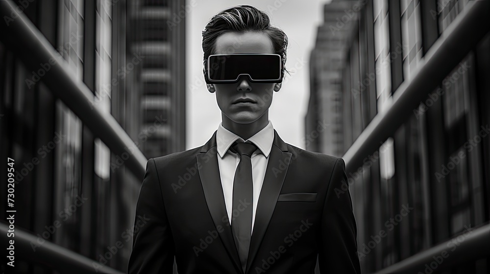 businessman in the city. virtual reality. black and white. Generative AI - obrazy, fototapety, plakaty 
