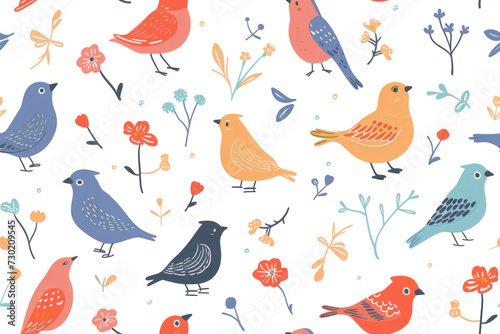 Pastel Spring Birds and Florals Seamless Pattern