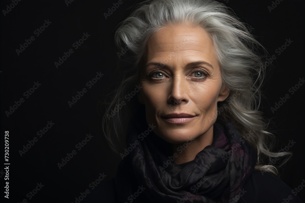 Portrait of beautiful senior woman with grey hair and scarf on black background Portrait of beautiful senior woman with grey hair and scarf on black background