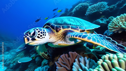 A large sea turtle swims among the corals, Large colored turtle, © Yury Fedyaev