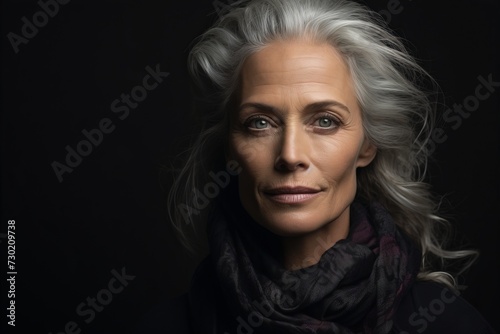 Portrait of beautiful senior woman with grey hair and scarf on black background