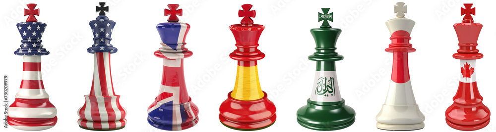 king chess piece with national flag printed on it. geopolitical balance concept collection  isolated on transparent background.