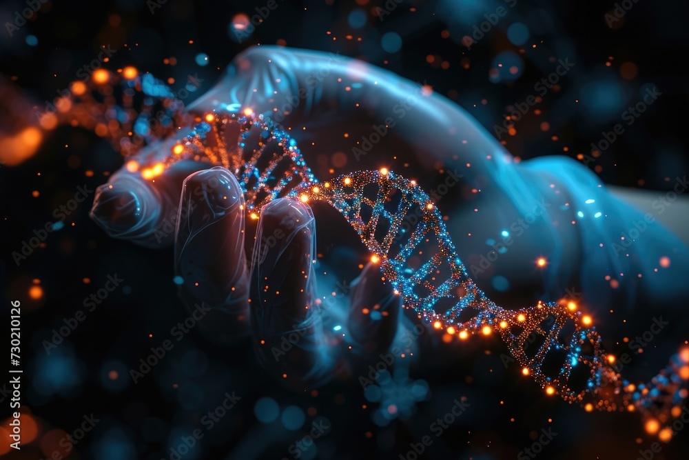 Genetic engineering. Hand hold DNA structure manipulation and analysis representing breakthroughs. biotechnology. Health and science concept. Generative AI