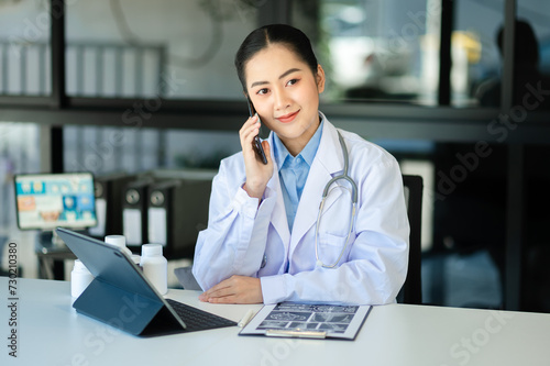 Wallpaper Mural Woman doctor phone call, healthcare talking and medical service writing sick note, surgery planning and prescription.. Torontodigital.ca