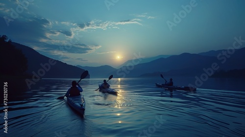 Group of People in Canoes Paddling on a Lake