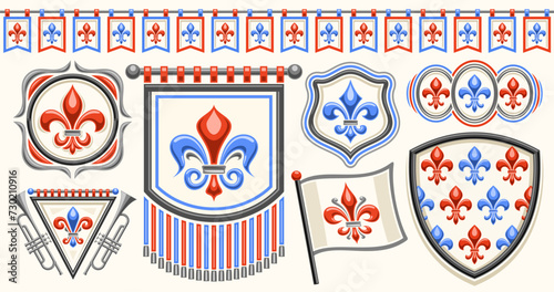 Vector Fleur de Lis set, horizontal banner with collection of cut out illustrations of different red and blue fleur de lis flourishes, seamless bunting, group of vintage decorative design elements