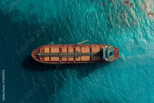 Top-down aerial view of an empty bulk carrier ship on a clear day, navigating through turquoise ocean waters.. © paramee