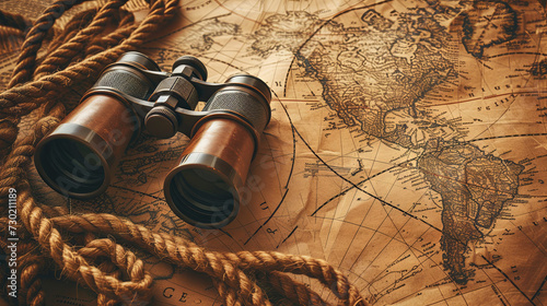Treasure search concept, binoculars and vintage paper world map