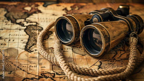 Treasure search concept, binoculars and vintage treasure map photo