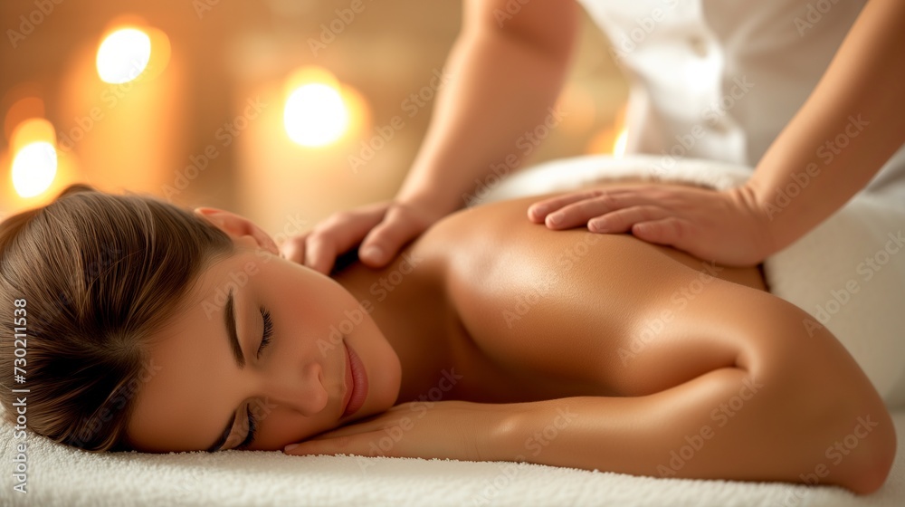 Obraz premium A young woman enjoys a relaxing back massage at a spa, with a serene and peaceful expression on her face.