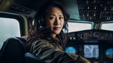 Asian woman pilot in the airplane cockpit