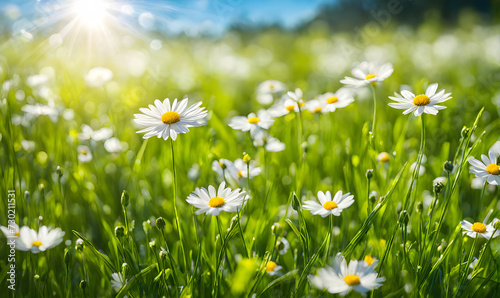 Sunny spring field  Vibrant camomile flowers under the sun
