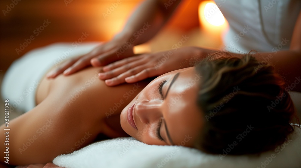 Fototapeta premium A young woman enjoys a relaxing back massage at a spa, with a serene and peaceful expression on her face.