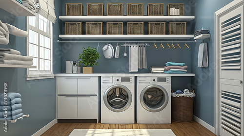 Modern gray  laundry room with washing machine, wardrobe, laundry basket for washing clothes photo