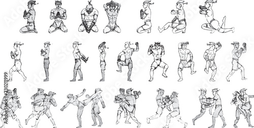 Hand drawn Thai martial arts and Muay thai boran. Vector Sketch Thai Boxers Fighting. Muay thai ancient. 
Boxing fighters figures on white background. Vector icon Set. Text. Tiger King.
