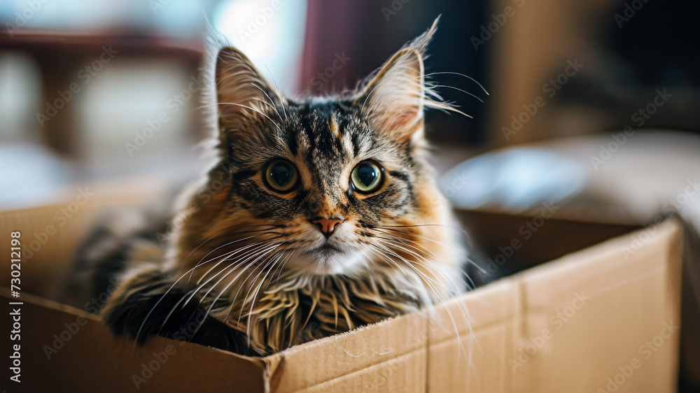 A curious tabby cat sits snugly inside a cardboard box, peering out with wide, green eyes. Concept of relocation, pet-friendly moving services, comfort of home, moving day from a pet's perspective