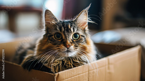 A curious tabby cat sits snugly inside a cardboard box, peering out with wide, green eyes. Concept of relocation, pet-friendly moving services, comfort of home, moving day from a pet's perspective