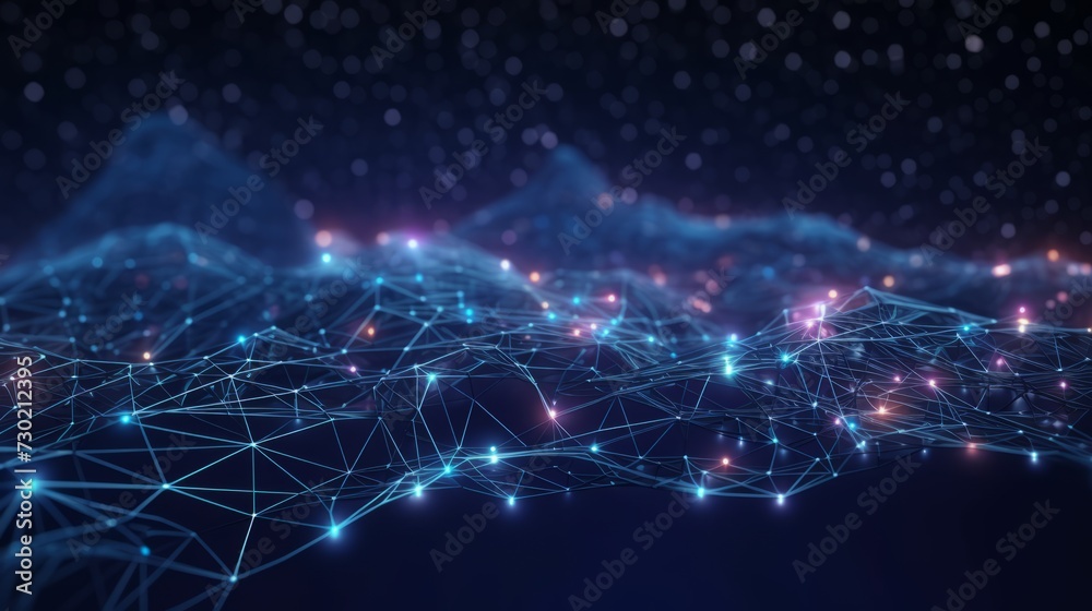 Interconnected cyber big data flow with blockchain fields: network lines representing ai technology, digital communication, science research - 3d illustration of neural cells - obrazy, fototapety, plakaty 