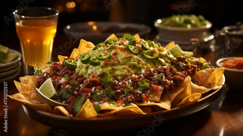 A plate of corn chips nachos with minced meat and guacamole on a wooden table